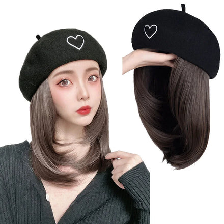 Beret Hat Strap Hair Extensions French Wool Artist Hat Solid Color Classic Plus 9.5-inch Straight Short Bob Bob Hair Synthetic w