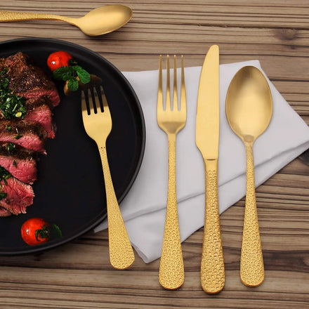 Wholesale Hammered Cutlery Hotel Restaurant Wedding Stainless Steel Gold Flatware Set
