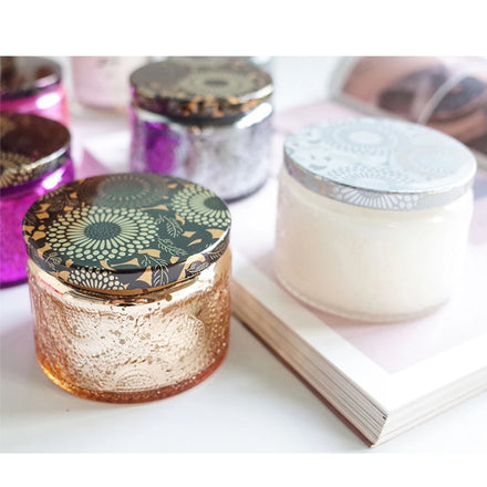 Custom Home Decor 8oz 10oz Vintage Matte Empty Embossed Candle Glass Jars with Metal Lid for Christmas Season