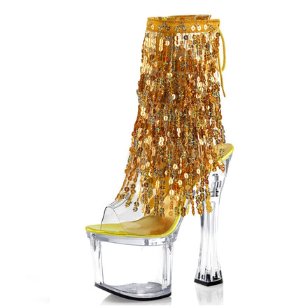 New 18cm Novelty Crystal Coarse Heel Fashion 7Inches Exotic Dancer Ankle Boot Platform Nightclub Fringe Cross Dress Mature Party