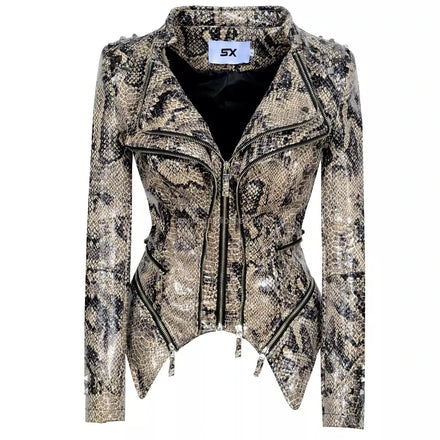 Stage Show Outfit Sexy Show Girl PU Leather Jacket Zipper Moto Biker Denim Coat Motorcycle Outwear