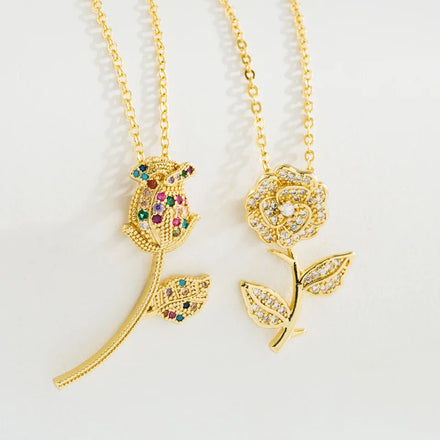 Fashion Luxury Jewelry Valentine's Day Gifts 18k Gold Plated Rose Flower Pendant with Diamond Necklace for Women