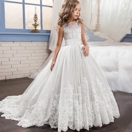 Hot Sale Modest Flower Girl Dress Lace Top Tulle Skirt Kids Party Evening Gown Pageant Dresses Girls