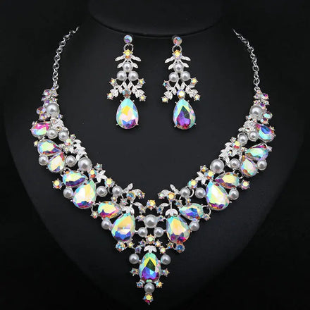 QS Newest African Big Diamond Necklace Earring Jewelry Sets for Women Wedding Party Indian Heavy Jewelry Set