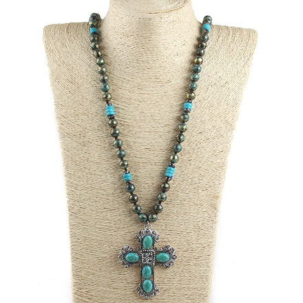 Women Statement 10MM CCB Flat Blue Turquoise Necklace Alloy Rhinestone Pendant Navajo Necklace Western Jewelry