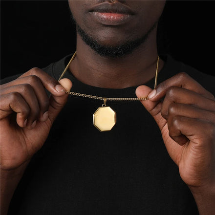 Durable Waterproof Geometric Octagon Gold Pendant Necklace Stainless Steel Jewelry for Men-for Wedding or Party Engravable