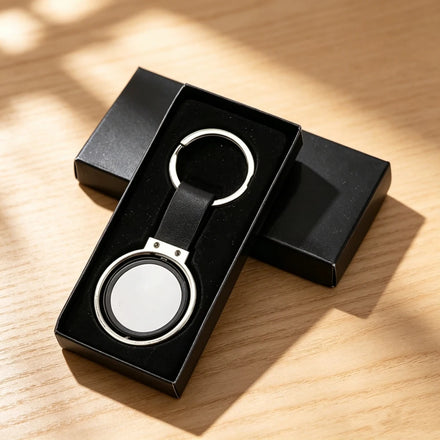 In Stock Zinc Alloy Leather Strap Sublimation Double Sided Logo Circle Keychain for Business Thank You Gift Rotatable Keychain