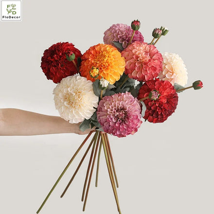 Hot Selling Artificial Silk Dahlia Flower 2 Heads Multi Colors Home Table Center Piece Hotel Wedding Party Decoration Ins