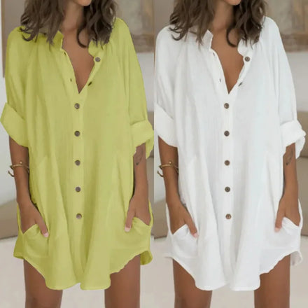 2023 New Design Cotton and Linen Mid-Length Short-Sleeved Loose Shirt Women's Clothing