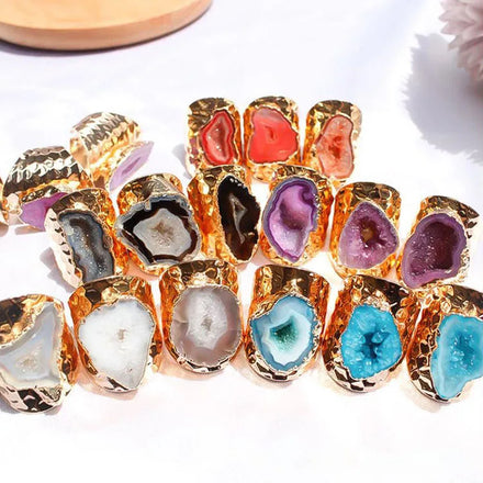 G1784 Natural Raw Stone Druzy Ring Crystal Geode Jewelry Brass Vintage Agate Adjustable Gold-Plated Ring