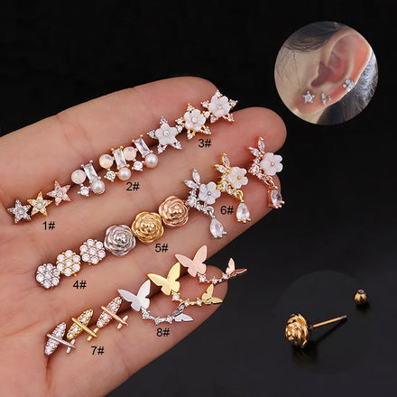 Stainless Steel Little Butterfly Stud Tragus Earring Unisex Acrylic Surgical Steel Screw Piercing Mid Low Helix Religious