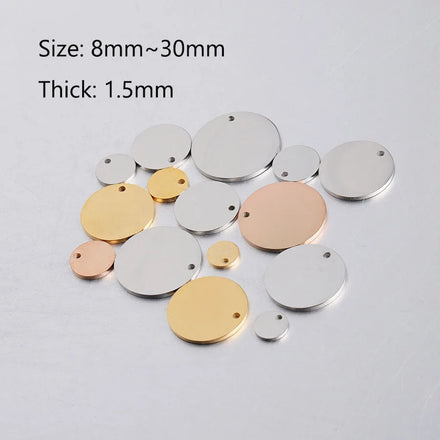 Custom LOGO 6-30mm Polished Stainless Steel Mirror Round Disc Charm 18K Gold Plated Disc Pendant for Diy Jewelry Making