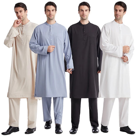 Middle East Islamic Clothing 2 Set Thobe for Men Arab Oman Solid Color Button Crewneck Daffah Muslim Men Thobe
