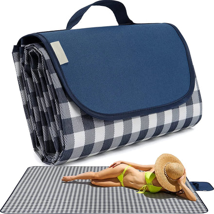 Woqi Machine Washable Waterproof Fold Able Over Sized XL Outdoor Mat for Camping Park Travel Grass Blue White Stripe