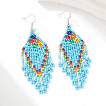 Boho Vintage Earrings for Women Geometric Multi-Color Seed Beaded Huggie Fringed Trendy Accessories for Wedding Party Gift Idea