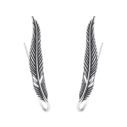 SC Gothic Antique Silver Long Feather Earrings Personalized Punk U Shaped Feather Ear Climber Earrings for Women