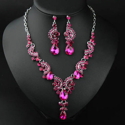 Qushine Luxurious Shiny Blue Champagne Red Crystal Jewelry Set for Women Hot Sell Two-Piece Necklace Wedding Party Engagement