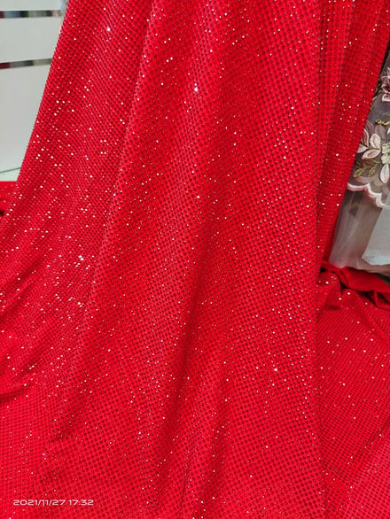 Factory Direct Stretch Elastic Siam Crystal Glass Rhinestone Stretch Fabric for Couture Dress