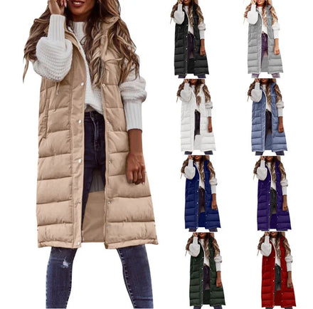 S-5XL New Arrival Fashion Casual Solid Color Turn-down Collar Sleeveless Cardigan Hooded Long Coat Female Clothing