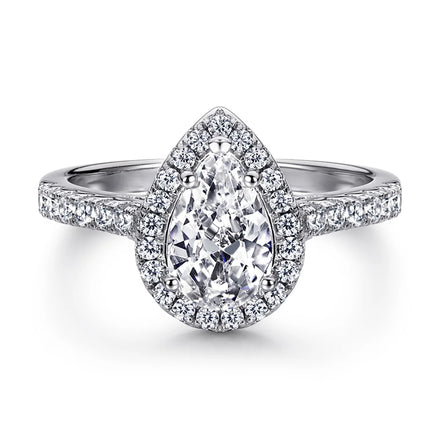 Dylam Women's Fine Jewelry Rhodium Plated Teardrop Halo Pear Cut 1 Ct Cubic Zirconia CZ Solitaire Engagement Ring