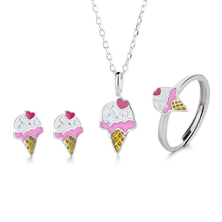 Ice Cream Cute Earrings for Kids Girls Mini Ice Cream Pendant 925 Silver Ring Jewelry Ring
