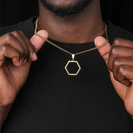 Wholesale Bulk Cheap Men's Stainless Steel Non-Tarnish Geometric Gold Octagon Pendant Necklace Trendy Link Chain for Boyfriend