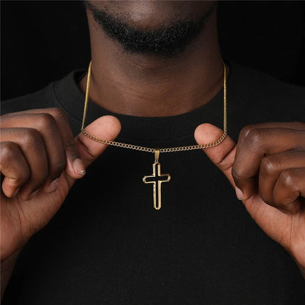 Stainless Steel Hollow Star Cross Pendant Necklace Cool Gold Cross Charm Link Chain for Women Men for Wedding Hypoallergenic