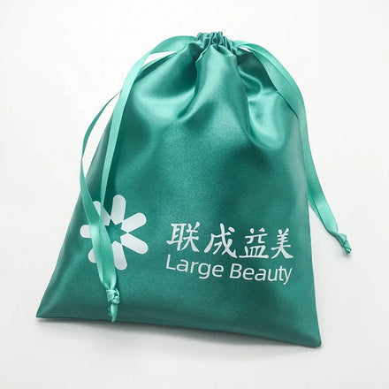 Custom Logo Printed Green Satin Fashion Dress Hair Storage Cosmetic Packaging Drawstring Bag Shoe Cloth Bag Dust Pouch