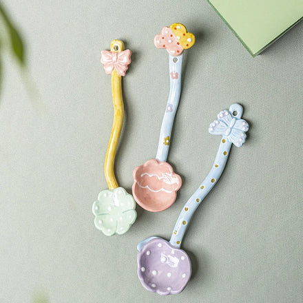 Cute Japanese Hand-painted Ceramic Dessert Spoon With Creative Long Handle
