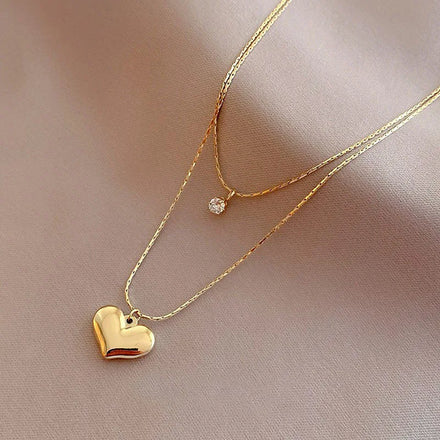 Wholesale 18K Gold Plated Double Layer Chain Necklaces Stainless Steel CZ Zircon Heart Pendant Necklaces for Women