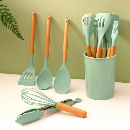 Hot Selling Heat Resistant 12 Pcs Cooking Silicone Kitchen Spatula Set Utensils Set with Wooden Handle