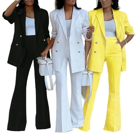 Two Pieces Women Blazer Sets Solid Color Double Breasted Lapel Jacket & Wide Leg Pants Autumn Winter Thick Office Lady Suit