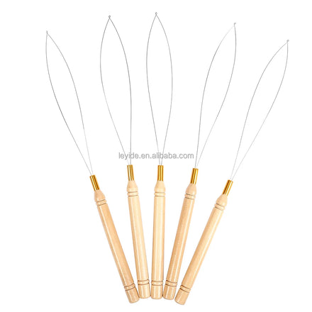 Wooden Handle Hair Extensions Loop Needle Wire Pulling Hook Tool for Silicone Microlink Beads and Feathers Hair Extension