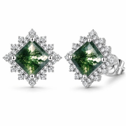 Square Natural Moss Agate Halo Stud Earrings S925 Sterling Silver Gold Plated White Snowflake Frame Dendritic Bridal Cute
