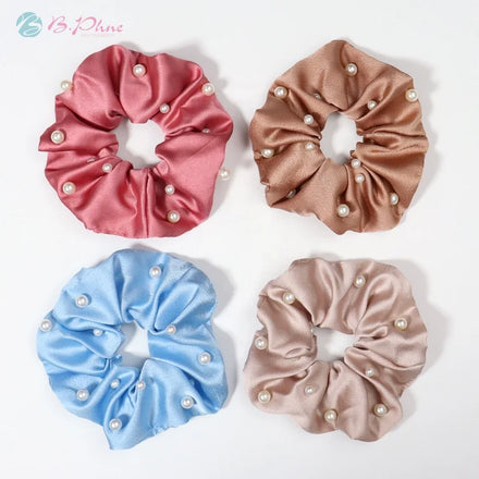 Ready Stock Women Girls Fashion Pearl Satin Silk Scrunchies with Custom Logo for Party Hair Accessories