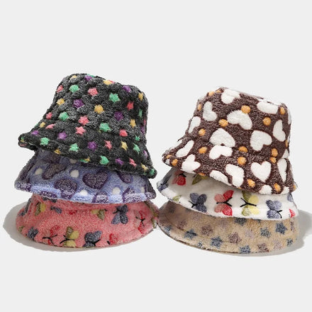 New Women Winter Faux Wool Bucket Hat Star Heart Printed Wide Brim Warm Panama Fisherman Cap