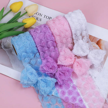 6cm X 5 Yards 3d Gradual Color Small Rose Embroidery Mesh Fabric Hair Bowknot Accessories Ribbon