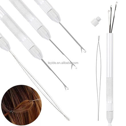 AliLeader 3 Knitting Needles 1 Holder 1 Pulling Hook Loop Threader Aluminum Ventilating Holder Needles Kit for Hair Extension