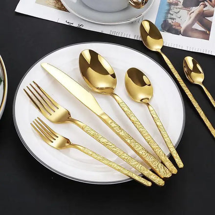 Elegant Restaurant Stainless Steel Spoon Fork Knife Gold Emboss Handle Present Set