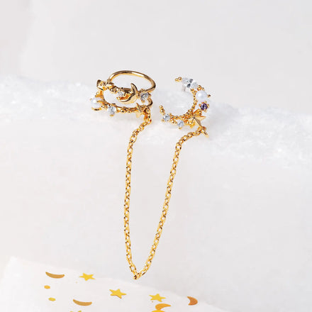 S925 Silver Needle Ear Jewelry Fashion Star Moon Zircon Brass Double Earring Connecting Chain Tassel Clip on Earrings for Women