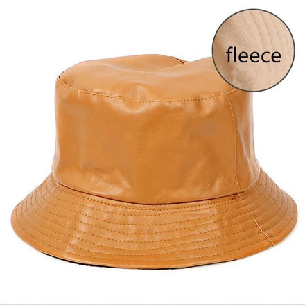 Winter Warm PU Leather Plush Bucket Hat for Men Women FIsherman Caps Waterproof Basin Hats Hip Hop Caps