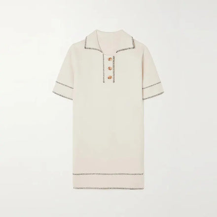 Knitwear Manufacturers Custom Summer Beige Polo Collar Short Sleeve Mini Oversized Sweater Dress Knit Women Casual Dress