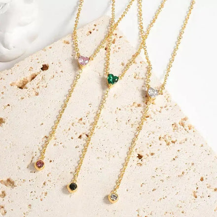 Wholesale Custom 18K Gold Plated Stainless Steel Pendant Necklace Trendy Heart Zirconia Red Ruby Diamond Garnet Emerald Stones
