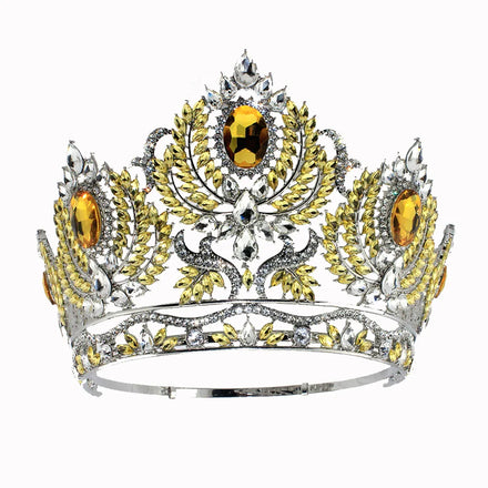 Bride Crown Big Round Beauty Pageant Crown for Queens Baroque Yellow Crystal Full Crown