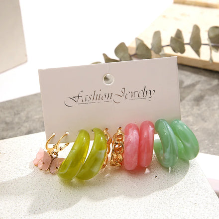 2025 New Arrivals 5 Pairs/set New Acrylic butterfly Earrings Creative Circle C-shaped Resin Gold Hoop Chain Earrings Set
