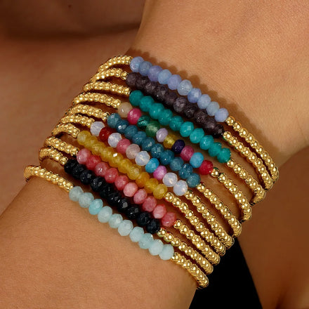 High Quality Bohemian Handmade Stretch Gold Plated Bracelet Colorful Faceted Crystal Beads Unique Elastic Charm for Couples