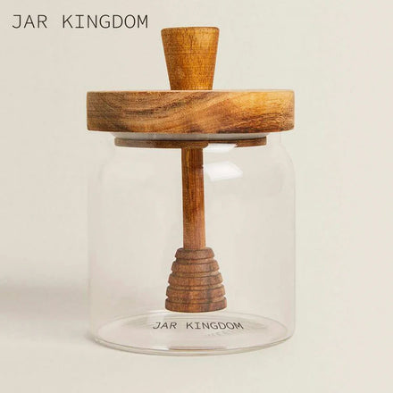 JAR KINGDOM Custom Logo Kitchen Mini Small 500ml Wood Lid Empty Clear Round Borosilicate Glass Honey Jar with Wooden Dipper Lid