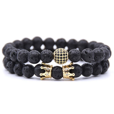 Newest Selling 2PCS Beads Natural Lava Stone Bracelets for Women Micro Pave Cz Ball Charms Bracelet Jewelry