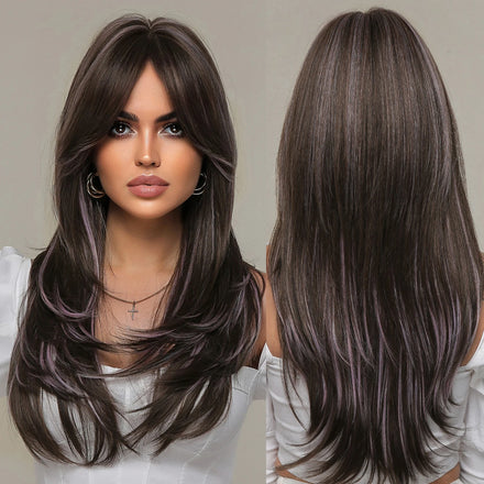 Supplier Wholesale Prices Dark Brown Mixed Purple Synthetic Wigs Long Straight Natural Layered Wig with Long Bangs