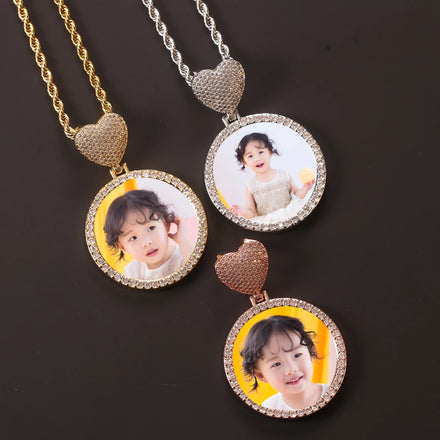 Hip Hop Love Button Photo Pendant with Zircon Trendy Jewelry Memory Circular Pendant Customization